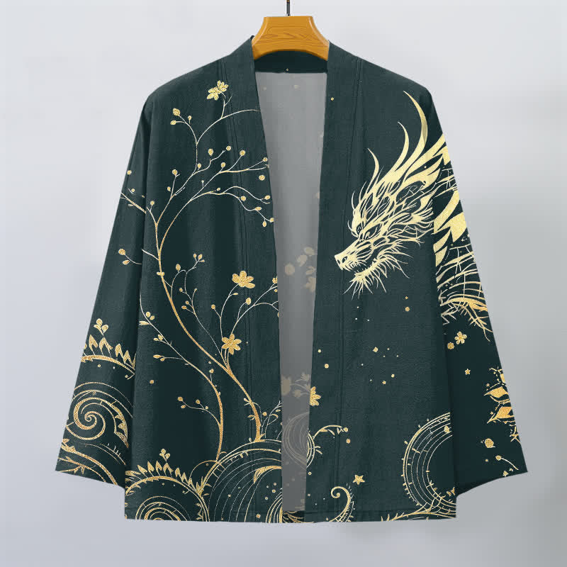 Buddha Stones Męskie kimono z bawełny z kwiatowym wzorem Dragon Tide z odkrytym przodem - image 1