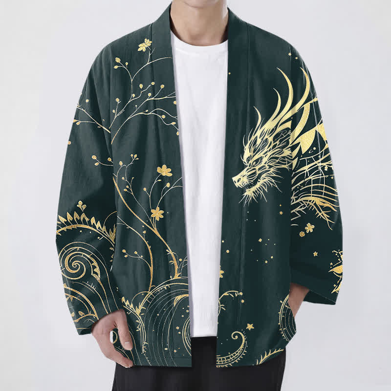 Buddha Stones Męskie kimono z bawełny z kwiatowym wzorem Dragon Tide z odkrytym przodem - Cyraneczka - US/UK/AU48， EU58 (4XL) - image 0
