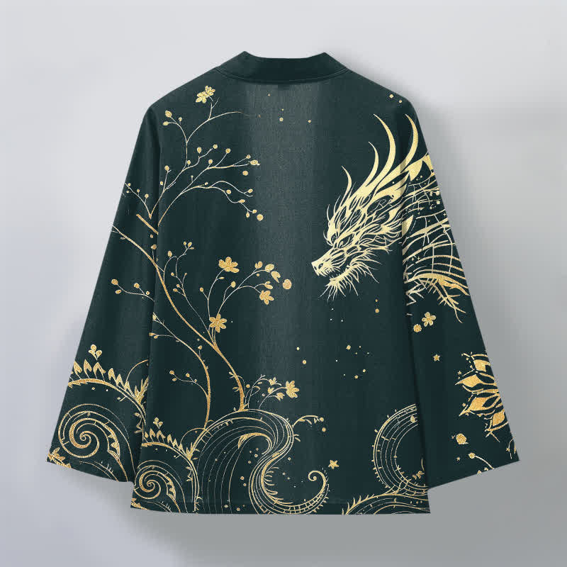 Buddha Stones Męskie kimono z bawełny z kwiatowym wzorem Dragon Tide z odkrytym przodem - image 2