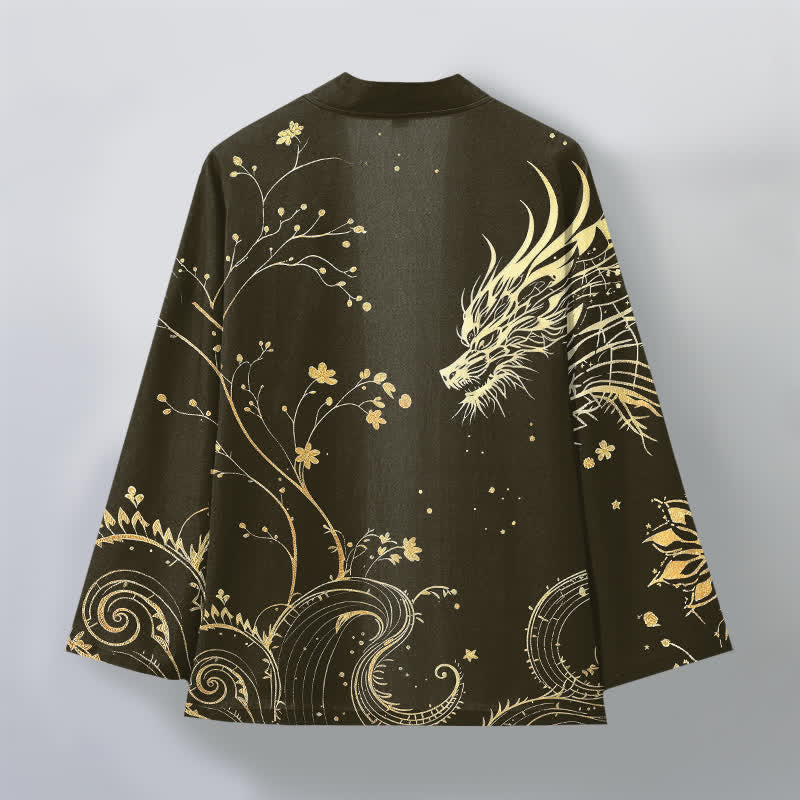 Buddha Stones Męskie kimono z bawełny z kwiatowym wzorem Dragon Tide z odkrytym przodem - image 8