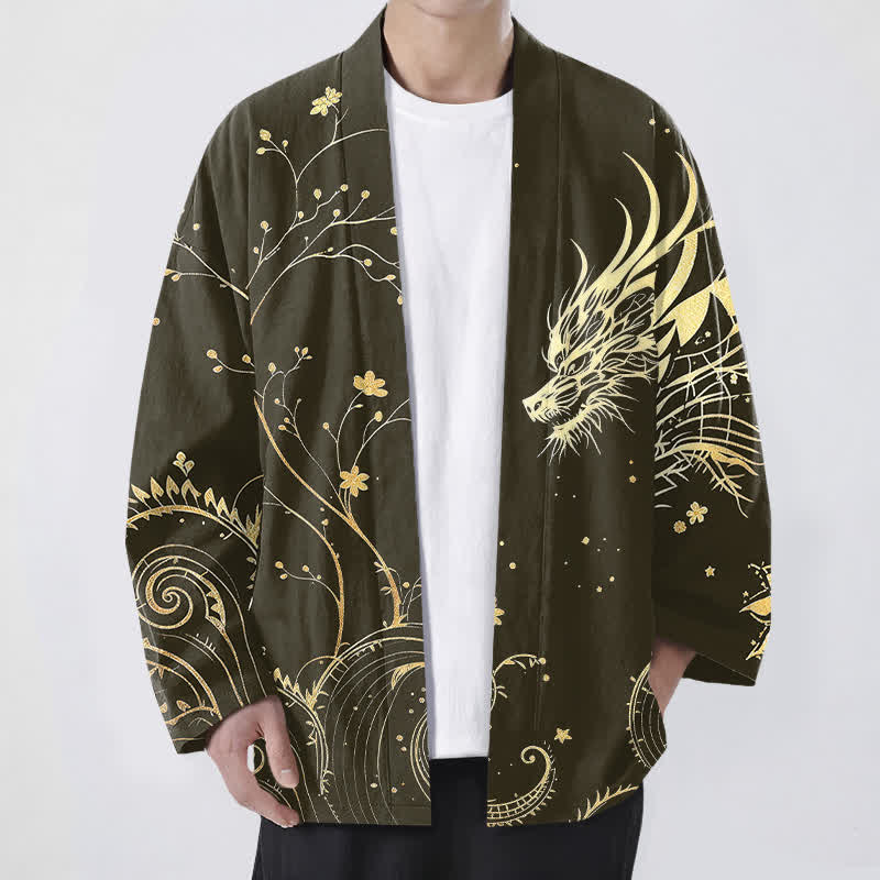 Buddha Stones Męskie kimono z bawełny z kwiatowym wzorem Dragon Tide z odkrytym przodem - Oliwka - US/UK/AU48， EU58 (4XL) - image 6