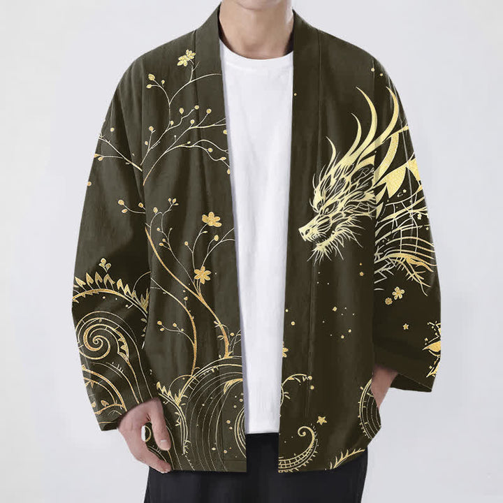Buddha Stones Męskie kimono z bawełny z kwiatowym wzorem Dragon Tide z odkrytym przodem - Oliwka - US/UK/AU48， EU58 (4XL) - image 6