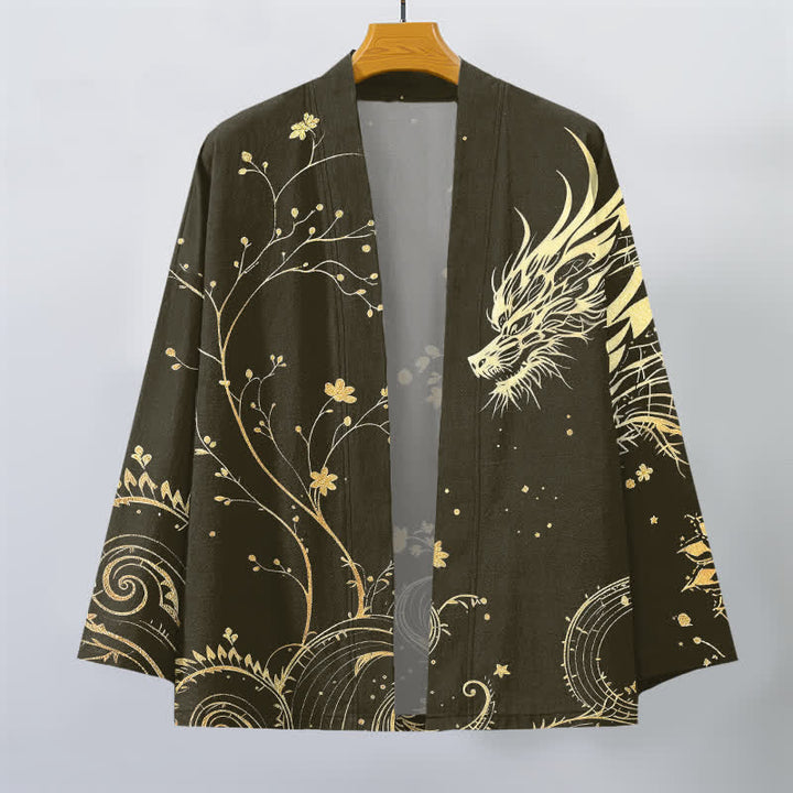 Buddha Stones Męskie kimono z bawełny z kwiatowym wzorem Dragon Tide z odkrytym przodem - image 7