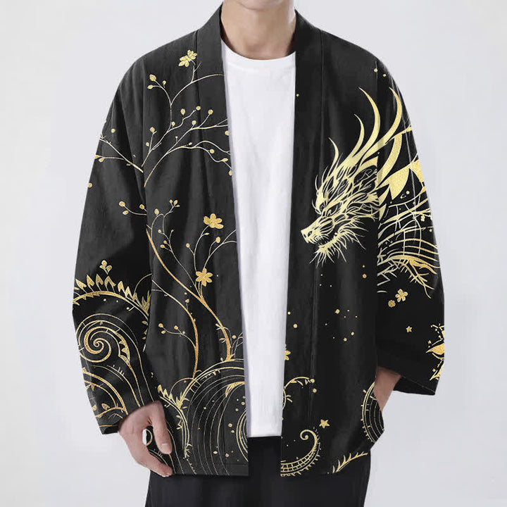Buddha Stones Męskie kimono z bawełny z kwiatowym wzorem Dragon Tide z odkrytym przodem - Czarny - US/UK/AU48， EU58 (4XL) - image 9