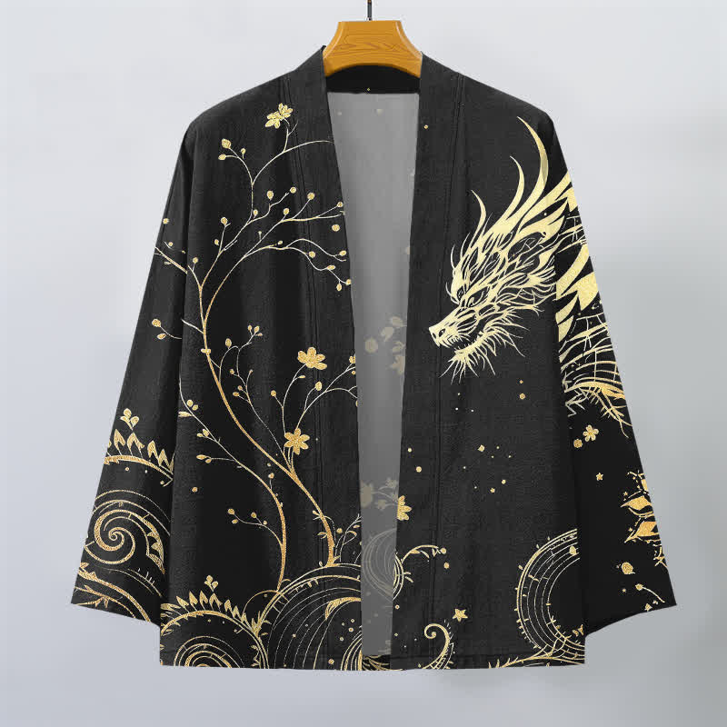 Buddha Stones Męskie kimono z bawełny z kwiatowym wzorem Dragon Tide z odkrytym przodem - image 10