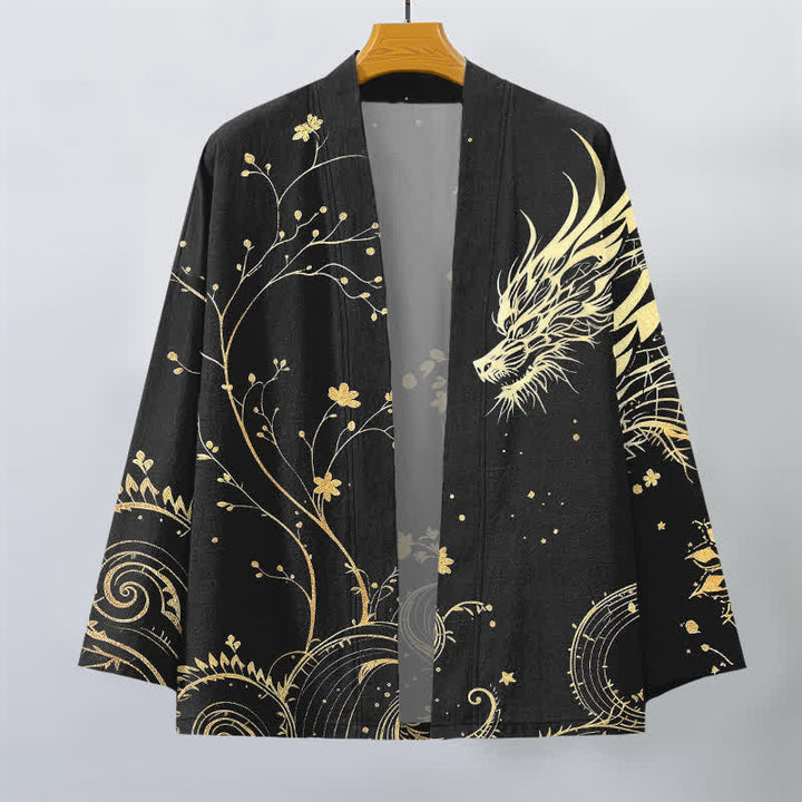 Buddha Stones Męskie kimono z bawełny z kwiatowym wzorem Dragon Tide z odkrytym przodem - image 10