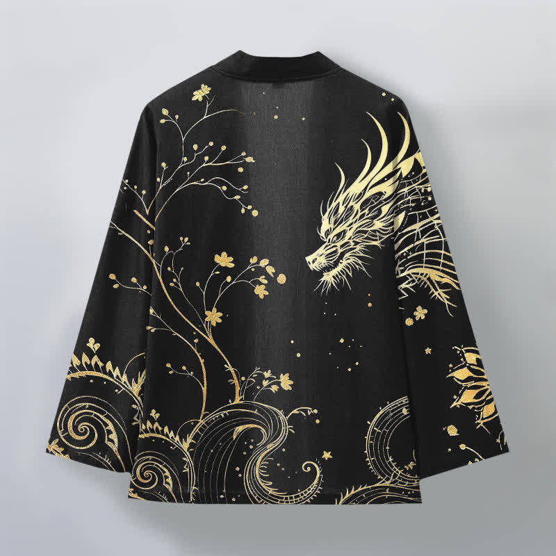 Buddha Stones Męskie kimono z bawełny z kwiatowym wzorem Dragon Tide z odkrytym przodem - image 11