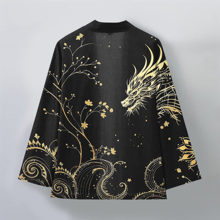 Buddha Stones Męskie kimono z bawełny z kwiatowym wzorem Dragon Tide z odkrytym przodem - image 11