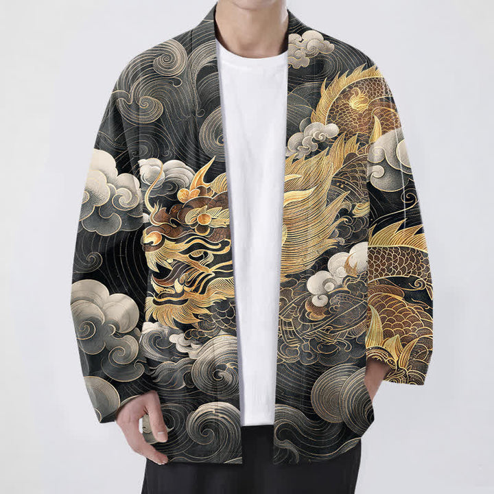 Buddha Stones Bawełniane kimono męskie z odkrytym przodem i wzorem smoka i chmury morskiej - Czarny - US/UK/AU48， EU58 (4XL) - image 0