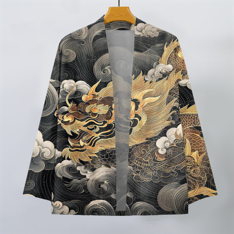 Buddha Stones Bawełniane kimono męskie z odkrytym przodem i wzorem smoka i chmury morskiej - image 1