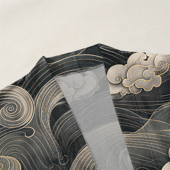 Buddha Stones Bawełniane kimono męskie z odkrytym przodem i wzorem smoka i chmury morskiej - image 3