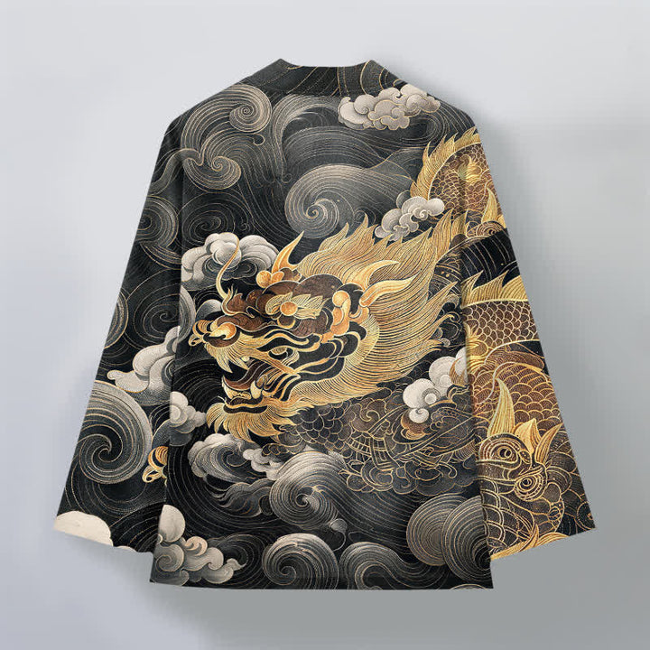 Buddha Stones Bawełniane kimono męskie z odkrytym przodem i wzorem smoka i chmury morskiej - image 2