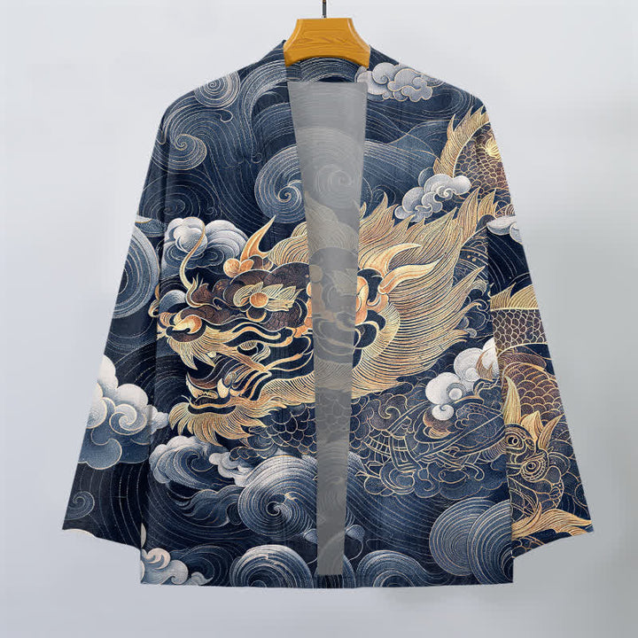 Buddha Stones Bawełniane kimono męskie z odkrytym przodem i wzorem smoka i chmury morskiej - image 7