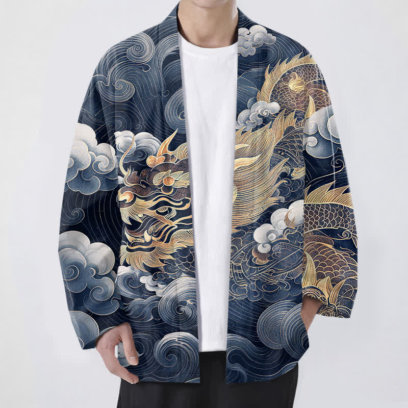 Buddha Stones Bawełniane kimono męskie z odkrytym przodem i wzorem smoka i chmury morskiej - Marynarka wojenna - US/UK/AU48， EU58 (4XL) - image 6