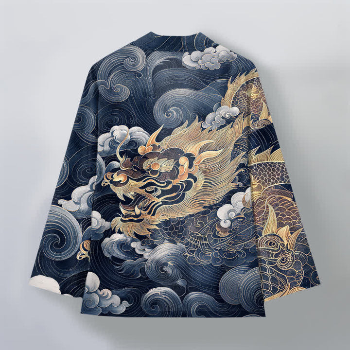 Buddha Stones Bawełniane kimono męskie z odkrytym przodem i wzorem smoka i chmury morskiej - image 8