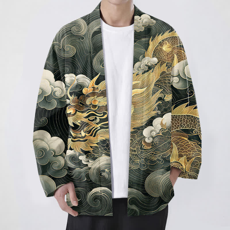 Buddha Stones Bawełniane kimono męskie z odkrytym przodem i wzorem smoka i chmury morskiej - Ciemnozielony - US/UK/AU48， EU58 (4XL) - image 9