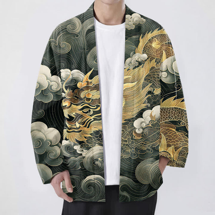 Buddha Stones Bawełniane kimono męskie z odkrytym przodem i wzorem smoka i chmury morskiej - Ciemnozielony - US/UK/AU48， EU58 (4XL) - image 9
