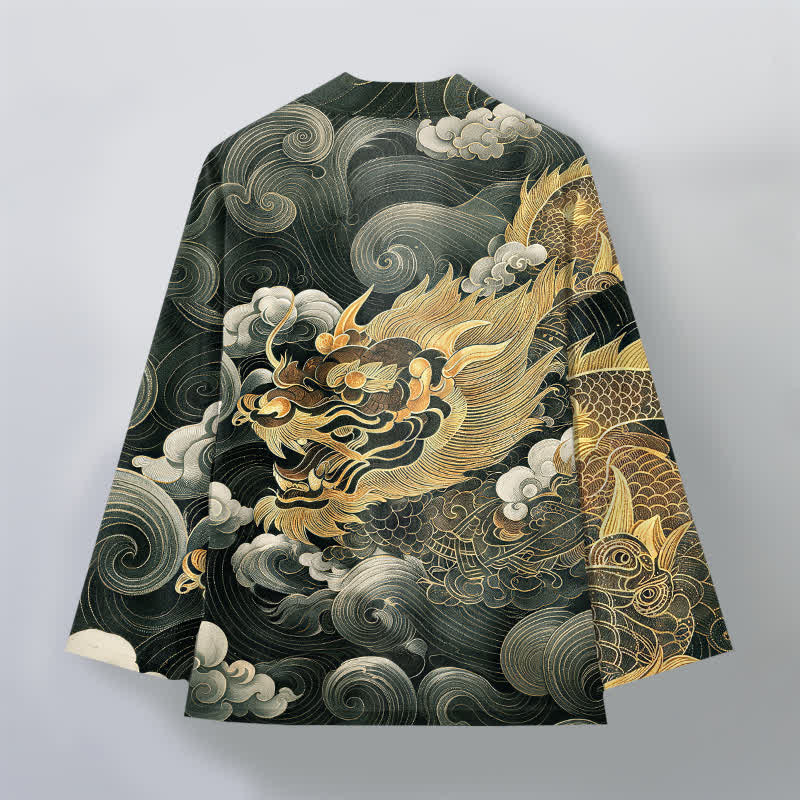 Buddha Stones Bawełniane kimono męskie z odkrytym przodem i wzorem smoka i chmury morskiej - image 11