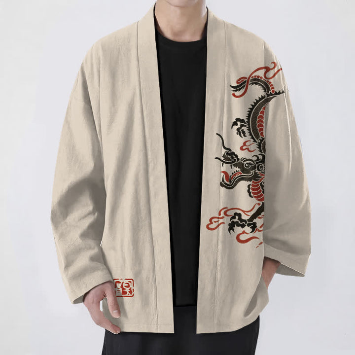 Buddha Stones Bawełniane kimono męskie z czarnym, czerwonym wzorem smoka, z odkrytym przodem - Beżowy - US/UK/AU48， EU58 (4XL) - image 0
