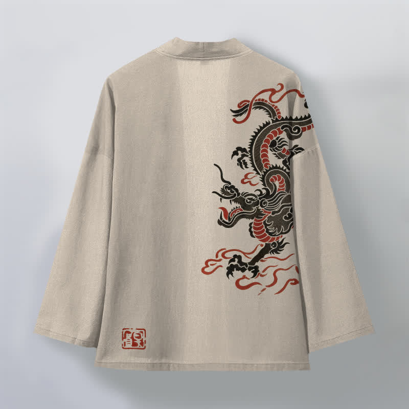 Buddha Stones Bawełniane kimono męskie z czarnym, czerwonym wzorem smoka, z odkrytym przodem - image 2