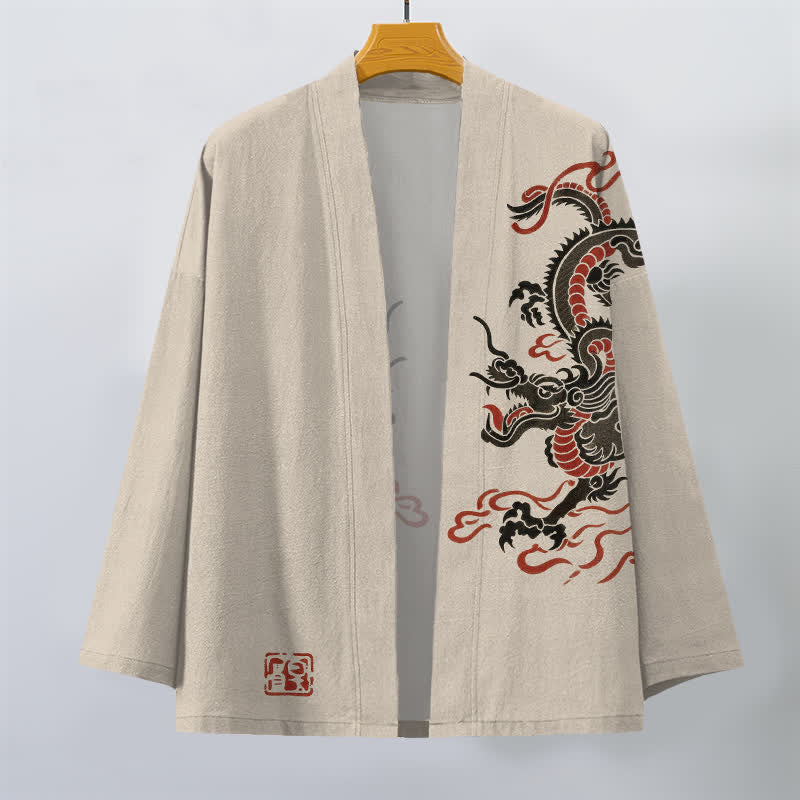 Buddha Stones Bawełniane kimono męskie z czarnym, czerwonym wzorem smoka, z odkrytym przodem - image 1