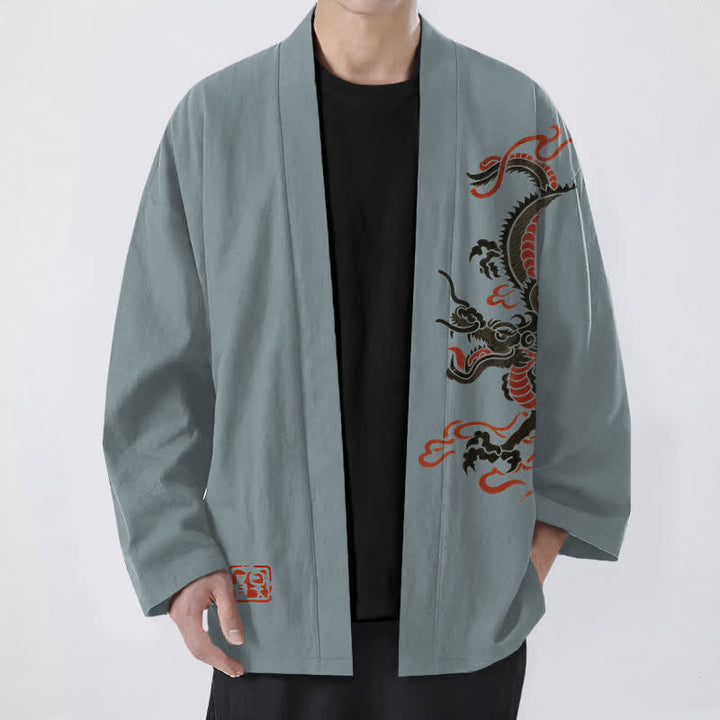 Buddha Stones Bawełniane kimono męskie z czarnym, czerwonym wzorem smoka, z odkrytym przodem - CadetBlue - US/UK/AU48， EU58 (4XL) - image 6