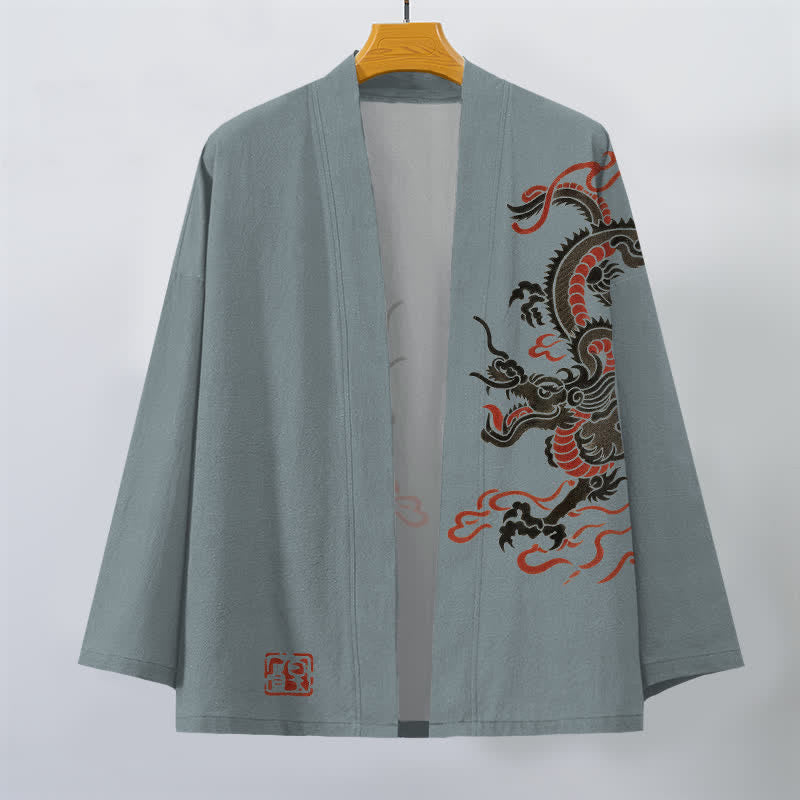 Buddha Stones Bawełniane kimono męskie z czarnym, czerwonym wzorem smoka, z odkrytym przodem - image 7