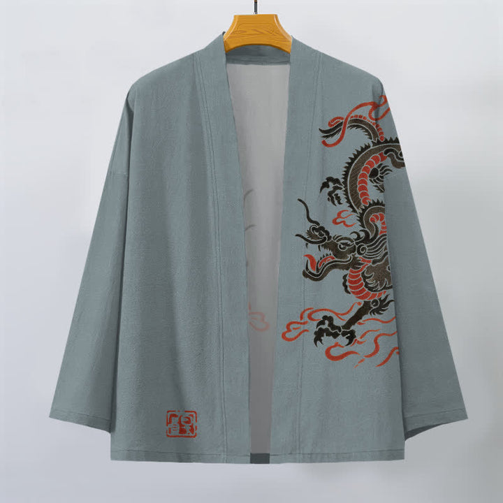 Buddha Stones Bawełniane kimono męskie z czarnym, czerwonym wzorem smoka, z odkrytym przodem - image 7