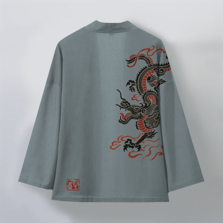 Buddha Stones Bawełniane kimono męskie z czarnym, czerwonym wzorem smoka, z odkrytym przodem - image 8
