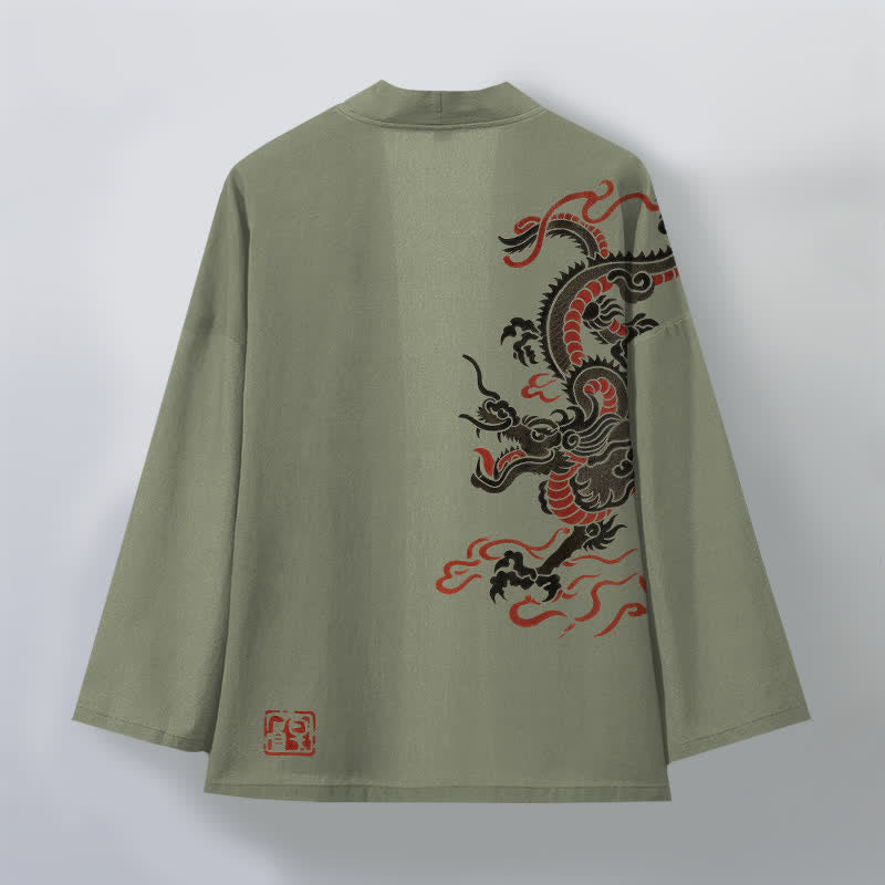 Buddha Stones Bawełniane kimono męskie z czarnym, czerwonym wzorem smoka, z odkrytym przodem - image 11