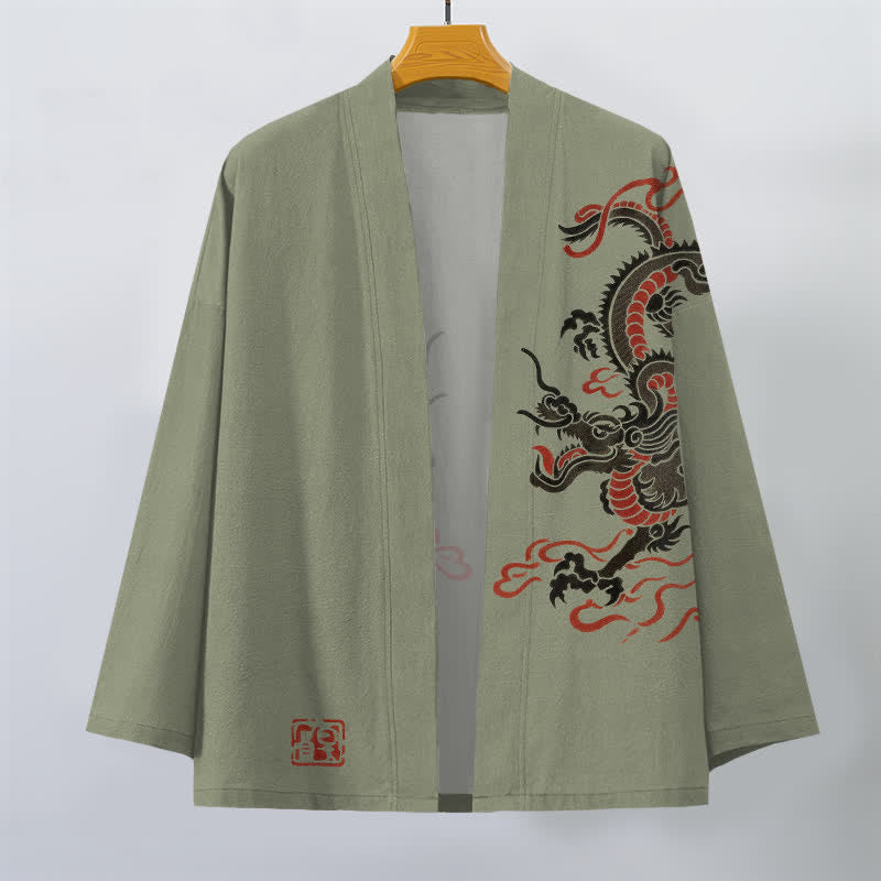 Buddha Stones Bawełniane kimono męskie z czarnym, czerwonym wzorem smoka, z odkrytym przodem - image 10