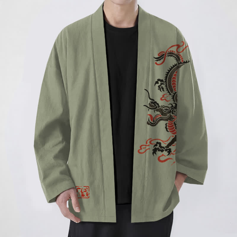 Buddha Stones Bawełniane kimono męskie z czarnym, czerwonym wzorem smoka, z odkrytym przodem - Oliwkowy - US/UK/AU48， EU58 (4XL) - image 9