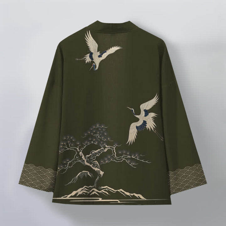 Buddha Stones Męskie kimono z bawełny z wzorem krajobrazowym „Żuraw” z otwartym przodem - image 2