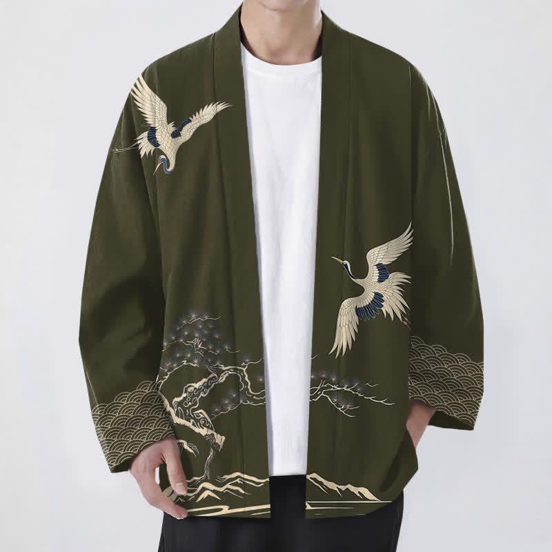 Buddha Stones Męskie kimono z bawełny z wzorem krajobrazowym „Żuraw” z otwartym przodem - DarkOliveGreen - US/UK/AU48， EU58 (4XL) - image 0