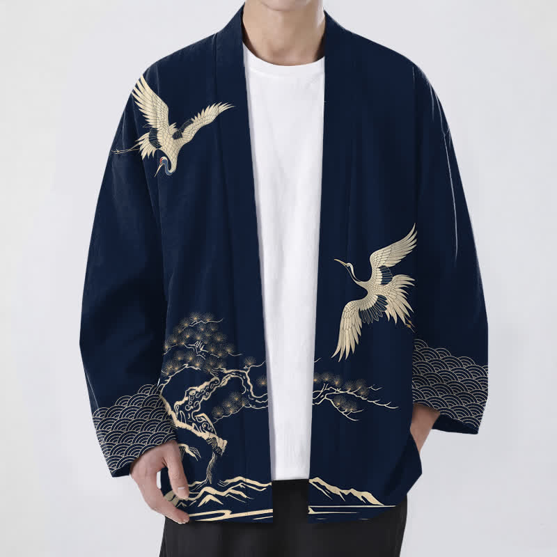Buddha Stones Męskie kimono z bawełny z wzorem krajobrazowym „Żuraw” z otwartym przodem - Marynarka wojenna - US/UK/AU48， EU58 (4XL) - image 6