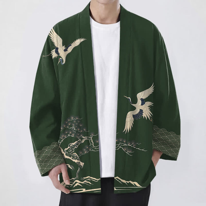 Buddha Stones Męskie kimono z bawełny z wzorem krajobrazowym „Żuraw” z otwartym przodem - Ciemnozielony - US/UK/AU48， EU58 (4XL) - image 9