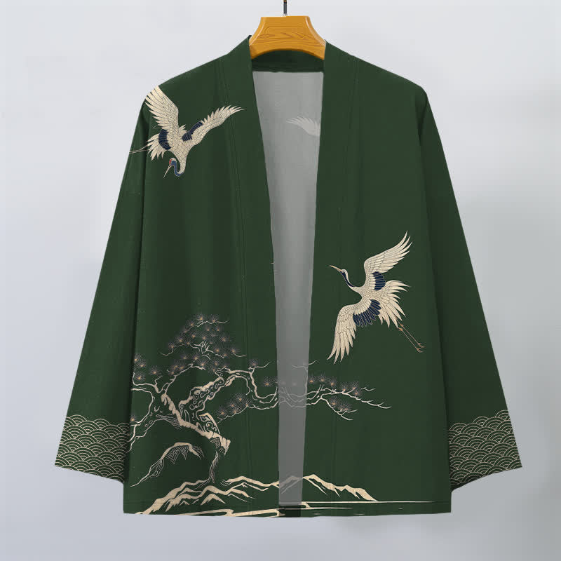 Buddha Stones Męskie kimono z bawełny z wzorem krajobrazowym „Żuraw” z otwartym przodem - image 10