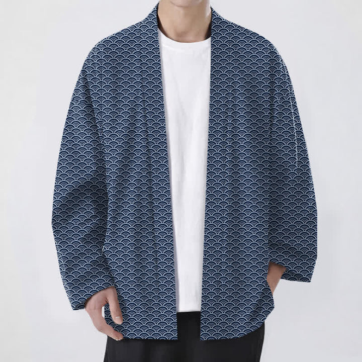 Buddha Stones Męskie kimono z bawełny z japońskim wzorem fal oceanicznych, otwarte z przodu - Marynarka wojenna - US/UK/AU48， EU58 (4XL) - image 0