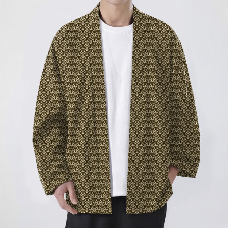 Buddha Stones Męskie kimono z bawełny z japońskim wzorem fal oceanicznych, otwarte z przodu - DarkGoldenrod - US/UK/AU48， EU58 (4XL) - image 6