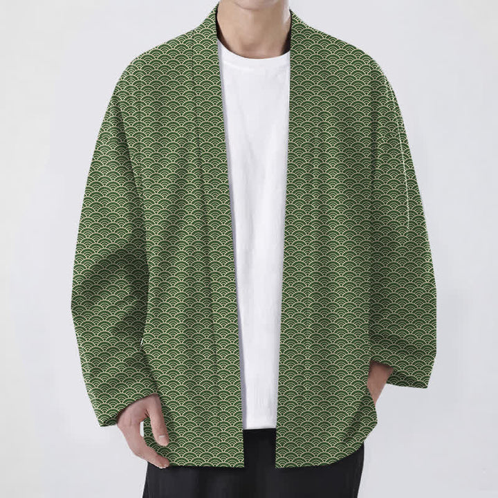 Buddha Stones Męskie kimono z bawełny z japońskim wzorem fal oceanicznych, otwarte z przodu - Oliwkowy - US/UK/AU48， EU58 (4XL) - image 9
