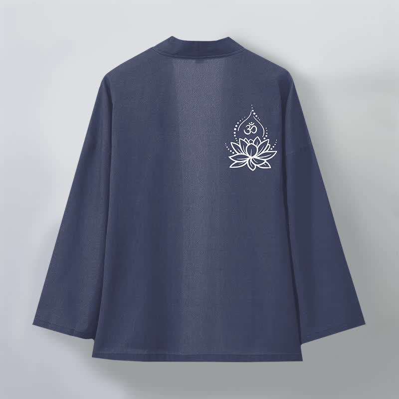 Buddha Stones Męskie kimono bawełniane z otwartym przodem i wzorem Lotus Om - image 2