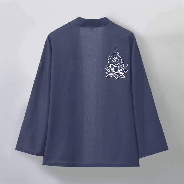 Buddha Stones Męskie kimono bawełniane z otwartym przodem i wzorem Lotus Om - image 2