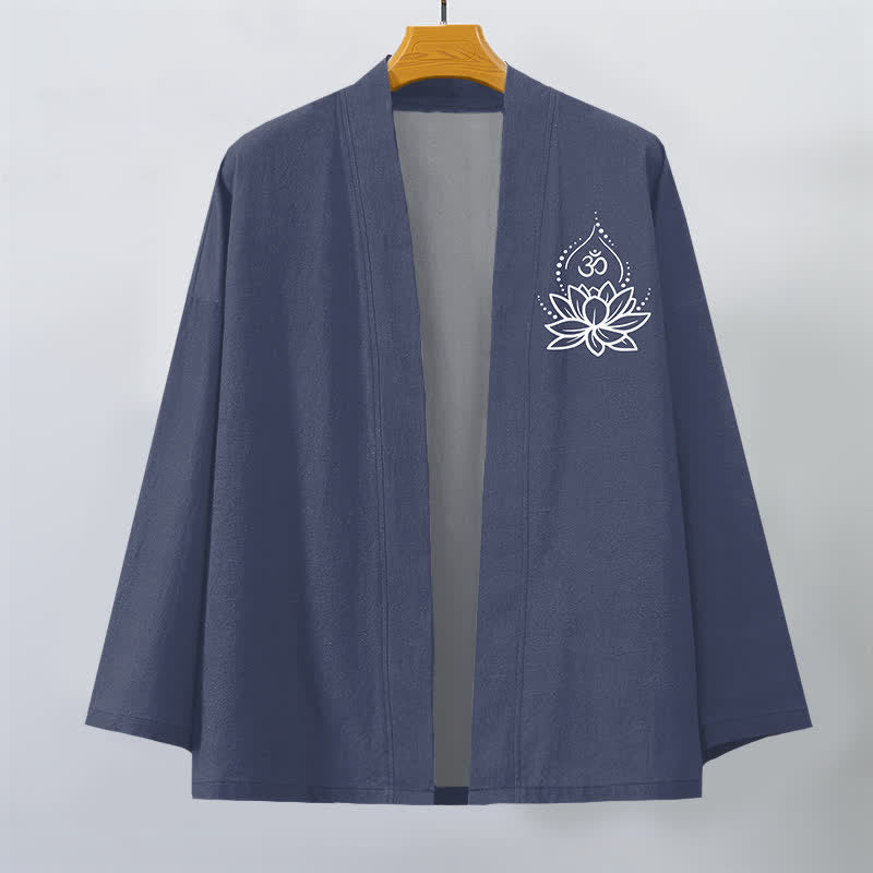 Buddha Stones Męskie kimono bawełniane z otwartym przodem i wzorem Lotus Om - image 1