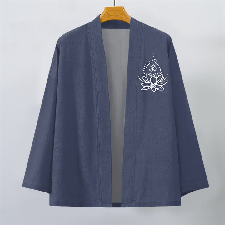 Buddha Stones Męskie kimono bawełniane z otwartym przodem i wzorem Lotus Om - image 1