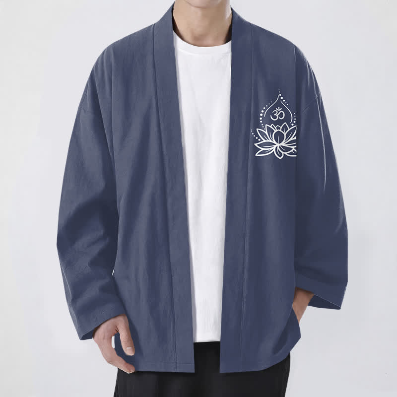 Buddha Stones Męskie kimono bawełniane z otwartym przodem i wzorem Lotus Om - Łupkowoszary - US/UK/AU48， EU58 (4XL) - image 0