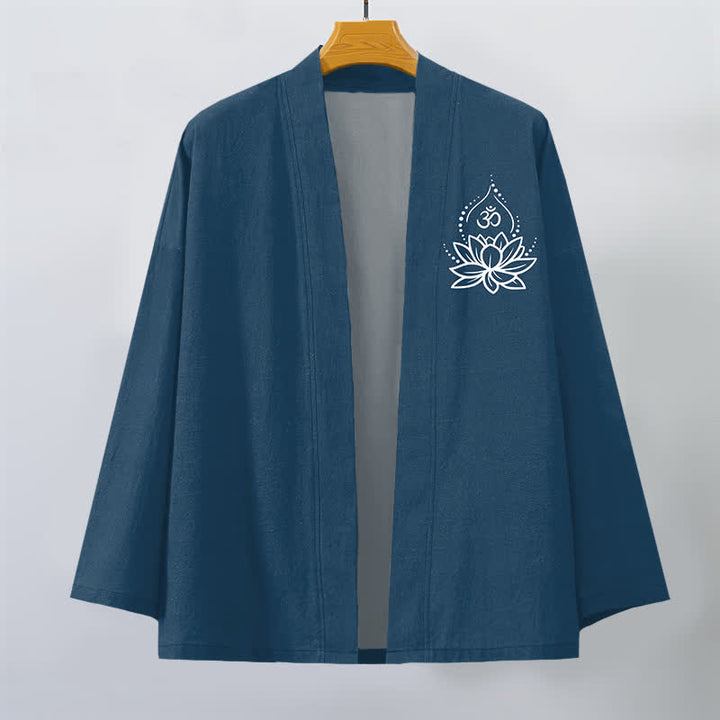 Buddha Stones Męskie kimono bawełniane z otwartym przodem i wzorem Lotus Om - image 7