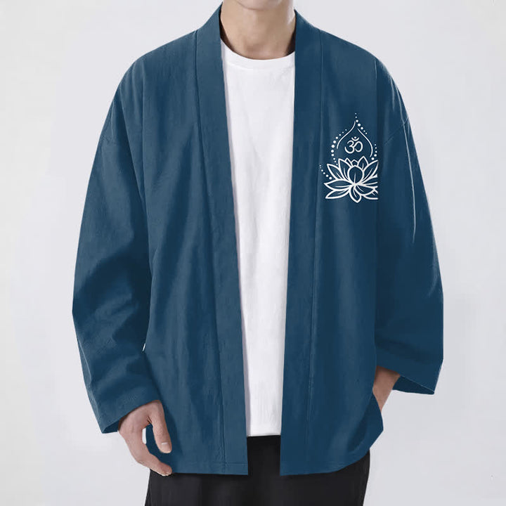 Buddha Stones Męskie kimono bawełniane z otwartym przodem i wzorem Lotus Om - Stalowoniebieski - US/UK/AU48， EU58 (4XL) - image 6