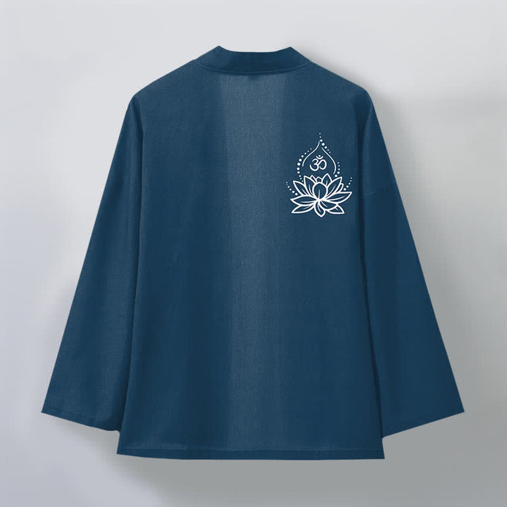 Buddha Stones Męskie kimono bawełniane z otwartym przodem i wzorem Lotus Om - image 8