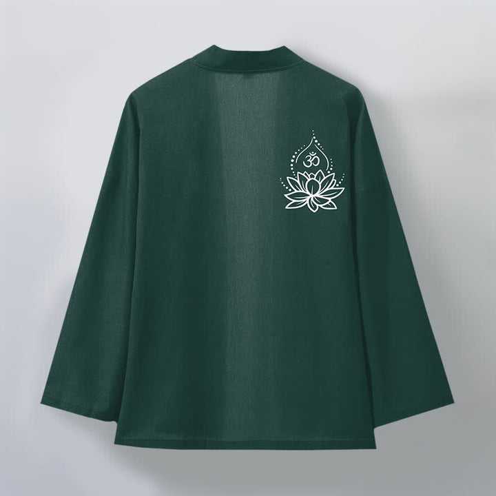 Buddha Stones Męskie kimono bawełniane z otwartym przodem i wzorem Lotus Om - image 11