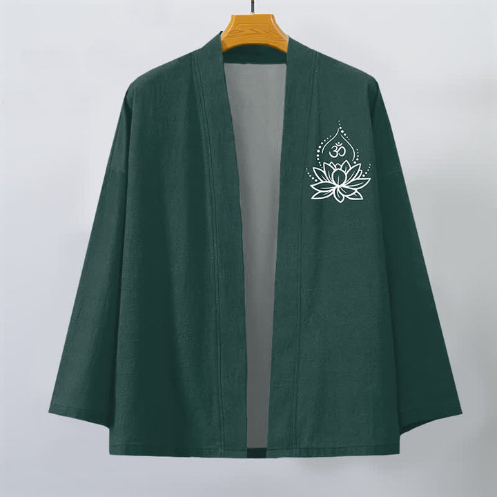 Buddha Stones Męskie kimono bawełniane z otwartym przodem i wzorem Lotus Om - image 10